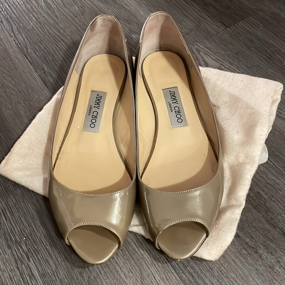 Jimmy Choo Shoes - Jimmy Choo Beck Peep Toe Flat Khaki Metallic Patent Leather Gold Enamel Heel